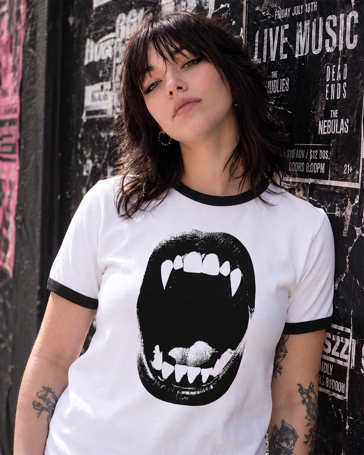 Vampire Fangs Mouth Ringer Tee | Gothic Vampire Bite Shirt