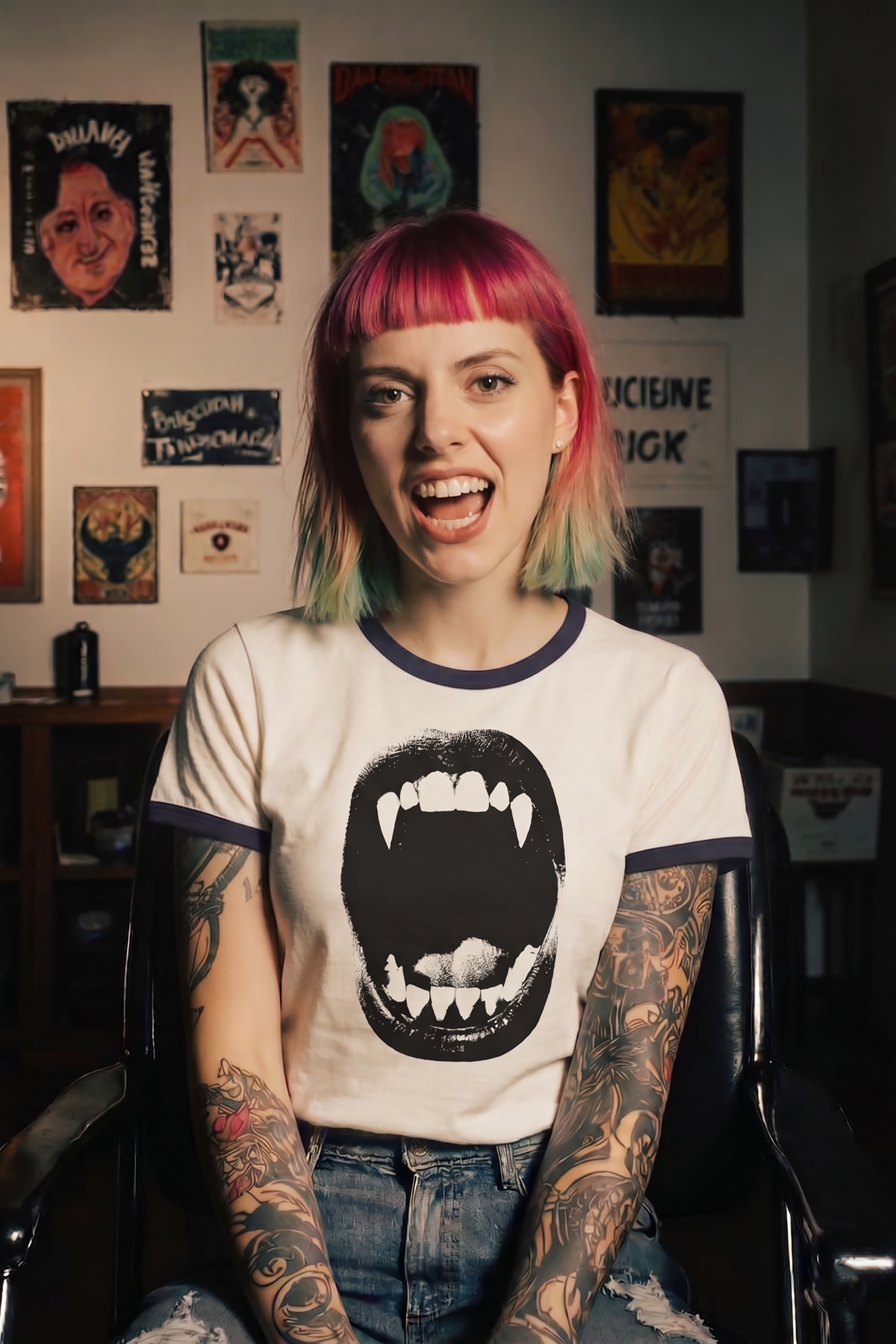 Vampire Fangs Mouth Ringer Tee | Gothic Vampire Bite Shirt