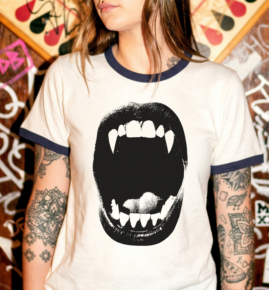 Vampire Fangs Mouth Ringer Tee | Gothic Vampire Bite Shirt